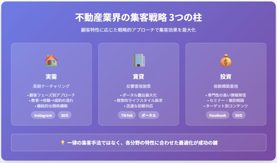 不動産業界の集客戦略は「実需」「賃貸」「投資」の3つで分かれる