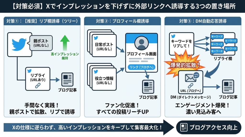 【対策必須】Xのインプレッションを下げずに外部リンクへ誘導する3つの置き場所