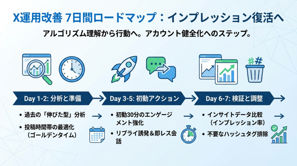 Xのインプレッション激減状態から数字を復活させる「7日間のX運用改善ロードマップ」