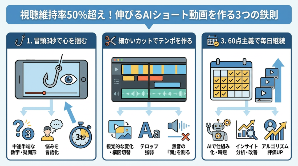 視聴維持率50%超え!伸びるAIショート動画を作る3つの鉄則