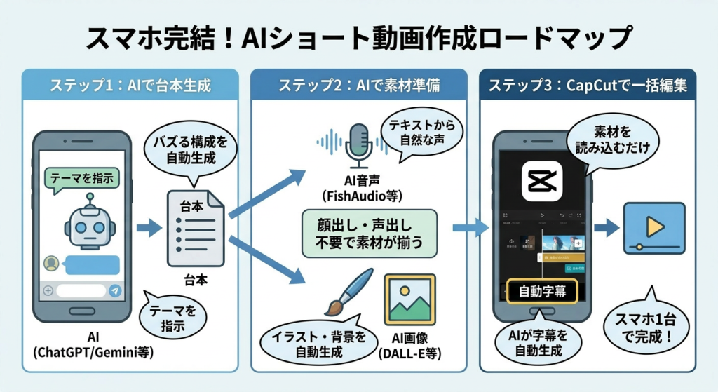 【スマホ完結】AIでショート動画を1時間で作成する手順・ロードマップ