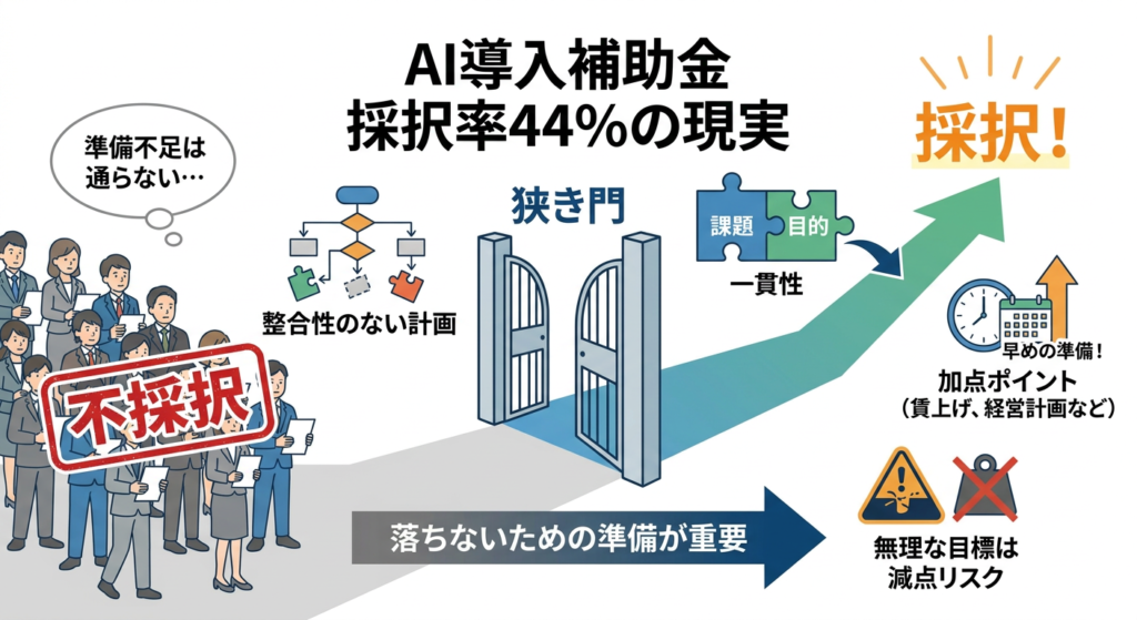 【採択率44%の現実】AI補助金申請に落ちないための準備・加点ポイント