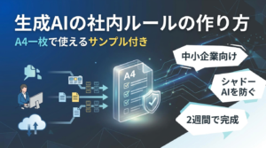 生成AIの社内ルールの作り方！A4一枚で使えるサンプル付き【中小企業向け】 社員がすでにChatGPTを使っているけれど、会社としてのルールは何も決まっていない。そんな状態に不安を感じていませんか。 とはいえ、分厚い規程を作る時間も人手もないのが中小企業の実情ですよね。実は、生成AIの社内ルールはA4一枚でも十分に機能します。 この記事では、最低限決めるべき6つの項目とサンプル全文に加え、2週間で作って社内に広める手順と、守られるルールにするコツを解説します。 読み終えたときには、自社用のルールの下書きが手元にある状態を目指しましょう。 なぜ今、生成AIの社内ルールが必要なのか 生成AIはもう、特別な人が使う道具ではありません。会社が何も決めないまま放置すると、リスクだけが静かに積み上がります。 この章では、社内ルールが必要になった背景を整理します。ルールは規制ではなく、安心して使うための道具だと考えてみましょう。 ルールがないと起きる「こっそり利用」（シャドーAI） 会社が生成AIを禁止しても、利用はなくなりません。かえって見えなくなるだけです。 個人のスマホやプライベートのアカウントには、会社の目が届きません。禁止された業務利用は、管理外の環境に移るだけです。こうした無許可の利用を「シャドーAI」と呼びます。 例えば、議事録の要約を個人アカウントのChatGPTに貼り付けても、会社は誰が何を入力したか把握できません。 禁止するだけでは実態が見えなくなる。これが、使い方のルールを整えない会社の落とし穴です。 実際に起きた情報漏えい・誤情報のトラブル 生成AIのトラブルは、遠い大企業だけの話ではありません。 入力も確認も、現場の一人ひとりが行うからです。人の判断に任せている以上、どの会社でも起こり得ます。 例えば海外の大手メーカーでは、社員が社内のソースコードを外部の生成AIに入力し、問題になったと報じられました。海外の裁判では、弁護士がAIの作った実在しない判例を提出した例もあります。AIがもっともらしい嘘を作ることは、ハルシネーションと呼ばれます。 入力と出力の両方に穴があると考えておきましょう。 社内で起きやすい事故は、大きく3つに分かれます。 入力の事故：機密情報や個人情報を、外部のAIサービスに貼り付けてしまう 出力の事故：AIが作った誤情報や架空の数字を、確認せずに資料へ載せる 権利の事故：生成した文章や画像が、既存の作品と似てしまう https://yoshikazunomori.com/blog/digitalmarketing/the_dangers_of_generative_ai/ 厳しすぎるルールはかえって危険になる理由 ルールは、細かく長いほど効果が下がります。 読まれない文書は守りようがありません。禁止事項が20個並んだ規程を、現場の社員が覚えるのは困難です。結局は自己判断で使われ、シャドーAIに逆戻りします。 実際、社内規程を作ったのに、内容を言える社員が一人もいない会社もあります。 この記事では、守れる短さと、使うための線引きを優先します。迷ったときに開けば答えが載っている一枚を目指しましょう。 最低限これだけ！社内ルールに盛り込む6つの項目 決めるべき項目は6つだけで、A4一枚に収まります。この章では、各項目を順に見ていきます。 自社ならどう書くかを想像しながら読み進めてみてください。難しい言葉は使わなくて大丈夫ですよ。 項目 決めること ① 利用目的と対象範囲 誰が・どの業務で使うか ② 使ってよいツールとアカウント 会社が認めるサービスとアカウントの種類 ③ 入力してはいけない情報 入力NGの情報と、条件付きで使える情報 ④ 生成物のチェックと責任 誰が事実確認し、誰が承認するか ⑤ トラブル時の報告フロー 誰に・いつまでに・何を伝えるか ⑥ 見直しのタイミング 次にいつ、誰が見直すか ① 利用目的と対象範囲（誰が・どの業務で使うか） 最初に決めるのは、誰がどの業務で使うかです。 範囲を決めないと、ルールの適用先があいまいになります。全社員に一律で配れば、AIを使わない部署まで巻き込みます。 例えば、総務と営業事務の2部門に限定し、用途を資料の下書きと要約に絞ります。問題がなければ、対象を広げましょう。 最初から完璧な範囲を決めなくても大丈夫です。狭く始めて広げる方が、現場も混乱しません。 ② 使ってよいツールとアカウントの種類 使えるツールは、会社が指定したものに限定します。 理由は、サービスごとに入力データの扱いが違うからです。個人向けの無料プランでは、入力内容がAIの学習に使われる場合もあります。 法人向けプランには、入力内容を学習に使わない設定（オプトアウト）が標準のものも多くあります。 会社が支給したアカウントを使う点も、あわせて決めておきましょう。個人アカウントでの業務利用を認めると、利用の記録が残りません。 https://yoshikazunomori.com/blog/digitalmarketing/chatgpt-corporate-plan/ ③ 入力してはいけない情報（機密情報・個人情報） 入力禁止の情報は、具体名で書きます。 「機密情報は入力禁止」とだけ書いても、何が機密にあたるかは人によって判断が分かれるからです。 例えば顧客の氏名や連絡先、未公開の決算数字、取引先から預かった資料は入力しません。個人情報の扱いについては、個人情報保護委員会も注意を呼びかけています。 社名や固有名詞を伏せれば使える情報もあります。禁止と条件付きOKを分けて書くと、現場が迷いません。 入力しない情報 顧客や社員の氏名、住所、電話番号、メールアドレス 未公開の売上、原価、決算に関する数字 取引先から秘密として預かった資料や図面 自社のソースコード、設計データ、ID、パスワード 伏せれば使える情報 一般公開されている自社サイトの文章 個人が特定されない形に直した問い合わせ内容 業界の一般的な知識にもとづく相談 ④ 生成物のチェックと責任の所在 AIの出力は、下書きとして扱います。 生成AIは、事実と異なる内容も自然な文章で書くからです。特に数字や固有名詞には、間違いが紛れ込みやすくなります。 公開する資料は、出典にあたって事実を確かめてから使いましょう。画像や文章が既存の作品に似ていないかも確認します。AIと著作権の考え方は、文化庁が資料を公開しています。 最終的な責任は、AIではなく使った人と会社にあります。誰が確認し、誰が承認するかまで書いておきましょう。 ⑤ トラブル発生時の報告フロー 気づいたときに、誰へ報告するかを決めます。 理由は、報告が遅れるほど対応の選択肢が減るからです。早く動けば、削除依頼や取引先への連絡が間に合う場合もありますよね。 報告先は、情報システム担当や総務の責任者など、1人に絞ると迷いません。連絡手段と、伝える内容の項目も書いておきます。 あわせて、報告した人を責めない方針も明記しましょう。叱られると分かっていれば、社員は黙ってしまいます。 ⑥ ルールの見直しタイミング 見直す時期は、作るときに書き込みます。 ツールも法律も、半年あれば状況が変わり得るからです。去年の常識が、今年は通用しないこともあります。 例えば、半年に1回、総務部長が内容を確認すると1行入れておきます。担当者を決めておくと、後から押し付け合いになりません。 見直しの約束が書いてあれば、最初のルールを完璧にしなくて済みます。粗くても先に出して、使いながら直していきましょう。 【コピペOK】生成AI社内ルールのサンプル（A4一枚版） ここでは、前章の6項目を文章にしたサンプルを紹介します。会員登録もダウンロードも必要ありません。 画面の文章をコピーし、社名と担当者名を入れれば下書きが完成します。 そのまま使えるシンプル版サンプル全文 以下は、A4一枚に収まる社内ルールのサンプルです。 条文らしい言い回しを避け、社員が読んで分かる言葉にしています。 【　】の部分を自社の情報に置き換えれば、そのまま使えます。項目を減らす場合も、事故発生時の対応に欠かせない「入力禁止情報」と「報告先」は残しましょう。 社内の承認を取る前の、たたき台として使ってください。 【株式会社○○○○】生成AI利用ルール 制定日：【2026年○月○日】／管理担当：【総務部長】 1. 目的 このルールは、社員が生成AIを安心して業務に使えるようにするために定めます。使うことを止めるためのものではありません。 2. 対象 対象者：【全社員（パート・アルバイト・派遣社員を含む）】 対象業務：【文章の下書き、要約、アイデア出し、表計算の関数作成、議事録の整理】 3. 使ってよいツールとアカウント 会社が指定した【ChatGPTの法人向けプラン】を、会社支給のアカウントで使います。 個人のアカウントや、会社が認めていないサービスで業務の内容を扱うことは禁止します。 新しいツールを使いたいときは、【総務部長】に相談してください。 4. 入力してはいけない情報 次の情報は入力しません。 ・お客様や社員の氏名、住所、電話番号、メールアドレス ・未公開の売上、原価、決算に関する数字 ・取引先から秘密として預かった資料や図面 ・自社のソースコード、設計データ、ID、パスワード 社名や個人名を伏せ、誰のことか分からない形にすれば入力できます。判断に迷ったら入力せず、【総務部長】に確認してください。 5. 生成物の取り扱い AIが出した内容は下書きです。そのまま社外に出しません。 事実、数字、固有名詞は、元の資料や公式サイトで確認します。 既存の文章や画像に似ていないかを確認し、似ている場合は使いません。 内容の責任は、AIではなく担当者と会社が負います。最終確認は【各部門の責任者】が行います。 6. 困ったときの報告 入力してはいけない情報を入れてしまった、AIの誤りに気づかず社外に出した。そんなときは、その日のうちに【総務部長】へ報告してください。 早く報告した人を責めません。報告が遅れるほど、会社として打てる手が減ります。 7. 見直し このルールは【半年に1回】、【総務部長】が内容を確認し、必要に応じて改めます。 自社向けにカスタマイズする3つのポイント サンプルをそのまま使う前に、3か所だけ自社向けに直します。 扱う情報や使う部署は、会社ごとに違うからです。医療や士業なら、入力禁止の情報をより細かく書く必要があります。 直すのは、次の3点です。 30分あれば書き換えられます。完璧を目指さず、気になる部分から手を入れましょう。 入力禁止情報の追加：カルテ、相談内容、試作品の仕様など、業種特有の情報を書き足す 部門ごとの許可ツール：開発部門だけコード生成AIを認めるなど、部署単位で例外を作る お客様への開示方針：AIで作った文章や画像を納品物に使うとき、事前に伝えるかを決める 自社に合わせた書き換えで手が止まったら、一度相談してみてください。吉和の森は、必要なときに必要な支援だけを受けられる外部パートナーとして、生成AIの活用をお手伝いしています。 https://yoshikazunomori.com/contact/ 最短2週間で作って浸透させる4ステップ ルールは、使われ始めて初めて役に立ちます。ここでは、現場の聞き取りから点検までの4工程を紹介します。 2週間あれば一周できます。完璧な文書を目指して止まるより、まず回してみましょう。順番に進めれば、特別な知識はいりません。 時期 やること 担当 1〜3日目 利用実態のアンケート・聞き取り 総務／情シス 4〜7日目 サンプルをもとに草案を作成 経営＋情シス＋現場代表 8〜10日目 草案の確認と修正 経営 11〜14日目 説明会で配布・クイズで確認 総務 半年後 利用状況の点検と改定 管理担当 ステップ1：現場でどう使われているかを聞く 最初にやるのは、書くことではなく聞くことです。 理由は、実態を知らずに作ると、現場とずれたルールになるからです。禁止したい業務が、実はすでに一番使われているかもしれませんよね。 5分程度のアンケートやヒアリングで、使っているツール・業務・困りごとの3点を聞けば十分です。 このとき、使っている社員を責めないでください。正直に答えてもらえなければ、次の工程が空振りになります。 ステップ2：サンプルをたたき台に草案を作る 草案は、ゼロから書きません。 理由は、白紙から書き始めると、言い回しで時間を取られるからです。文体に悩んでいるうちに、1か月が過ぎてしまいますよね。 この記事のサンプルをコピーし、聞き取りで分かった実態に合わせて直します。経営者、情報システム担当、現場の代表の3人で30分話せば形になります。 関係者を増やすほど、決まるまでの時間は延びます。3人で決めて、あとから意見をもらう順番にしましょう。 ステップ3：説明会やクイズで「なぜダメか」を伝える 配って終わりにせず、15分の説明の場を作ります。 理由を知らないと、応用が利かないからです。ルールに書いていない場面では、社員が自分で判断するしかありません。 おすすめは、その場で答えるクイズ形式です。取引先の名前を消した問い合わせ文を要約させるのは、OKかNGか。手を挙げてもらうと、理解のずれがその場で分かります。 正解そのものより、迷った理由を話してもらう時間が役に立ちます。 ステップ4：半年に1回、使われているかを点検する 半年後に、守られているかを確認します。使われないルールは、存在しないのと同じだからです。 点検で見るのは3つです。ルールを見たことがあるか、違反しそうになった場面はあったか、使いにくい項目はどれかを聞きます。 守られていないと分かったら、社員ではなくルールの側を疑いましょう。実態に合っていない項目を直せば、次の半年は回ります。 生成AIの社内ルール運用でよくある失敗と防ぎ方 ルール運用でよくある落とし穴は、「形だけの文書になる」「社員の注意力に頼りすぎる」の2つです。 どちらも、少しの工夫で防げますよ。自社に当てはまらないか、確かめながら読んでみてください。 よくある失敗①：作って終わりで誰も読んでいない 社内サーバーに置いただけのルールは、すぐに忘れられます。 理由は、社員が自分から探しに行く文書ではないからです。業務で困っていない限り、規程のフォルダは開きませんよね。 対策は、目に入る場所と機会を作ることです。入社時の研修に組み込む、朝礼で1項目ずつ触れる、1枚に印刷して配る。どれも大きな手間はかからず、今週から始められます。 読む回数を増やす工夫の方が、文章を練り直すより効きます。 よくある失敗②：ツール選びでルールの負担を減らす ルールを短くしたいなら、ツール側で解決します。 設定で防げることを、人の注意力に任せる必要はないからです。入力のたびに設定確認を求めるのは現実的ではありません。 法人向けプランの多くは、学習に使わせない設定や利用ログの記録を備え、アクセス権を管理できるものもあります。会社が1つ選んで配れば、社員が悩む場面は減ります。 道具で防げる部分は道具に任せ、ルールは判断が必要な部分に絞りましょう。 法人向けツールに任せられるのは、次のような部分です。 入力データを学習に使わせない設定（社員が個別に設定しなくて済む） 誰がいつ使ったかのログ管理（トラブル時に経緯をたどれる） 部署や役職ごとのアクセス制御（対象範囲をツール側で固定できる） https://yoshikazunomori.com/blog/digitalmarketing/china-ai/ ツール選びと社内ルールをまとめて整えたい方は、お気軽にご相談ください。吉和の森は、生成AIの活用支援まで含めて、予算に応じたスモールスタートでプランを組めます。 https://yoshikazunomori.com/contact/ 迷ったら参考にしたい公的ガイドラインと公開ひな形 自社ルールに説得力を持たせるには、国・自治体・業界団体が公開する資料が役立ちます。 全文を読む必要はなく、自社に必要な部分だけ参照すれば十分です。まずは目次だけ眺めてみてください。 資料名 公開元 使いどころ AI事業者ガイドライン 経済産業省・総務省 自社ルールの基本方針の根拠 生成AIサービスの利用に関する注意喚起 個人情報保護委員会 入力禁止情報の線引き AIと著作権に関する資料 文化庁 生成物のチェック基準 生成AIの利用ガイドライン（ひな形） 日本ディープラーニング協会 詳細版への拡張元 AI導入・活用ガイドライン等 東京都 公開事例としての参考 経済産業省・総務省「AI事業者ガイドライン」の使いどころ 国の考え方を知りたいなら、AI事業者ガイドラインを見ます。 これは経済産業省と総務省が公開している、事業者向けの指針です。2026年3月には第1.2版が公表されました。 中小企業が全文を読む必要はありません。使うのは、人が最終的に判断するといった基本の考え方の部分です。自社ルールの冒頭に置く基本方針の根拠として引用できます。 あわせて公開された活用の手引きは、これから始める会社向けの内容です。 JDLA・自治体が公開しているひな形の活用法 より詳しい規程が必要になったら、公開ひな形を土台にします。 理由は、条文の抜け漏れを一から考えずに済むからです。法務の担当者がいない会社ほど、公開文書を下敷きにする方が早いですよね。 日本ディープラーニング協会は、組織向けの利用ガイドラインのひな形を公開しています。東京都も、職員向けのAI導入・活用ガイドラインを公開しています。 まずはA4一枚版で始め、公開ひな形は詳細版が必要になったときの拡張元として使いましょう。 【Q&A】生成AIの社内ルールでよくある質問 最後に、会社の規模、違反した社員への対応、外部への依頼について、よくある質問に答えます。 ここまで読んで残った不安を、ここで片づけておきましょう。自社に近い質問から読んでも構いません。 Q. 社員数10人程度の会社でもルールは必要ですか？ 必要です。判断の基準は人数ではなく、顧客情報を扱うかどうかです。 小規模な会社でも漏えいのリスクは変わりません。むしろ担当者1人で業務が完結する分、内容を確認する人がいません。A4一枚版を全員に配って5分説明すれば、その日から運用できます。 次のいずれかに当てはまる会社は、人数にかかわらず用意しましょう。 顧客の氏名や連絡先を扱う 見積書や原価など、社外秘の数字を扱う 社員が私物のスマホやパソコンで業務の調べ物をしている Q. ルールを守らなかった社員を懲戒できますか？ いきなり懲戒に進むケースは多くありません。 懲戒処分は、就業規則に定めがあって初めて行えます。社内ルールを作っただけでは、根拠にならない場合があります。 多くの場合、指導や注意で改善が見込めます。処分を検討する段階になったら、社会保険労務士や弁護士に相談してください。法的な判断は専門家に任せましょう。 Q. 策定を外部に依頼することはできますか？ 依頼できます。ルールの文面作成だけでなく、ツール選定や社員研修まで任せられる支援もあります。 ルールを作っても、使えるツールが決まらなければ運用は始まりません。策定、導入、研修をまとめて相談できると、担当者の負担が減ります。 費用や進め方の目安は、次の記事で紹介しています。 https://yoshikazunomori.com/blog/digitalmarketing/ai-implementation-consulting/ まとめ：生成AIの社内ルールは「短く作って、回しながら育てる」 生成AIの社内ルールは、6つの項目をA4一枚にまとめれば形になります。2週間で草案を作って配り、半年後に見直す。この流れなら、専任の担当者がいなくても回せます。 禁止を並べるのではなく、安心して使うための線引きを書いてみましょう。 作ったあとの運用や研修、ツール選定で迷ったら、お気軽にご相談ください。吉和の森は、人を採用する代わりに必要なときだけ支援を受けられる外部パートナーとして、生成AIの活用をお手伝いしています。 https://yoshikazunomori.com/contact/