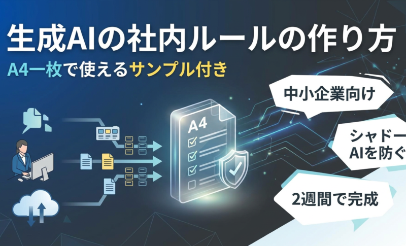 生成AIの社内ルールの作り方！A4一枚で使えるサンプル付き【中小企業向け】 社員がすでにChatGPTを使っているけれど、会社としてのルールは何も決まっていない。そんな状態に不安を感じていませんか。 とはいえ、分厚い規程を作る時間も人手もないのが中小企業の実情ですよね。実は、生成AIの社内ルールはA4一枚でも十分に機能します。 この記事では、最低限決めるべき6つの項目とサンプル全文に加え、2週間で作って社内に広める手順と、守られるルールにするコツを解説します。 読み終えたときには、自社用のルールの下書きが手元にある状態を目指しましょう。 なぜ今、生成AIの社内ルールが必要なのか 生成AIはもう、特別な人が使う道具ではありません。会社が何も決めないまま放置すると、リスクだけが静かに積み上がります。 この章では、社内ルールが必要になった背景を整理します。ルールは規制ではなく、安心して使うための道具だと考えてみましょう。 ルールがないと起きる「こっそり利用」（シャドーAI） 会社が生成AIを禁止しても、利用はなくなりません。かえって見えなくなるだけです。 個人のスマホやプライベートのアカウントには、会社の目が届きません。禁止された業務利用は、管理外の環境に移るだけです。こうした無許可の利用を「シャドーAI」と呼びます。 例えば、議事録の要約を個人アカウントのChatGPTに貼り付けても、会社は誰が何を入力したか把握できません。 禁止するだけでは実態が見えなくなる。これが、使い方のルールを整えない会社の落とし穴です。 実際に起きた情報漏えい・誤情報のトラブル 生成AIのトラブルは、遠い大企業だけの話ではありません。 入力も確認も、現場の一人ひとりが行うからです。人の判断に任せている以上、どの会社でも起こり得ます。 例えば海外の大手メーカーでは、社員が社内のソースコードを外部の生成AIに入力し、問題になったと報じられました。海外の裁判では、弁護士がAIの作った実在しない判例を提出した例もあります。AIがもっともらしい嘘を作ることは、ハルシネーションと呼ばれます。 入力と出力の両方に穴があると考えておきましょう。 社内で起きやすい事故は、大きく3つに分かれます。 入力の事故：機密情報や個人情報を、外部のAIサービスに貼り付けてしまう 出力の事故：AIが作った誤情報や架空の数字を、確認せずに資料へ載せる 権利の事故：生成した文章や画像が、既存の作品と似てしまう https://yoshikazunomori.com/blog/digitalmarketing/the_dangers_of_generative_ai/ 厳しすぎるルールはかえって危険になる理由 ルールは、細かく長いほど効果が下がります。 読まれない文書は守りようがありません。禁止事項が20個並んだ規程を、現場の社員が覚えるのは困難です。結局は自己判断で使われ、シャドーAIに逆戻りします。 実際、社内規程を作ったのに、内容を言える社員が一人もいない会社もあります。 この記事では、守れる短さと、使うための線引きを優先します。迷ったときに開けば答えが載っている一枚を目指しましょう。 最低限これだけ！社内ルールに盛り込む6つの項目 決めるべき項目は6つだけで、A4一枚に収まります。この章では、各項目を順に見ていきます。 自社ならどう書くかを想像しながら読み進めてみてください。難しい言葉は使わなくて大丈夫ですよ。 項目 決めること ① 利用目的と対象範囲 誰が・どの業務で使うか ② 使ってよいツールとアカウント 会社が認めるサービスとアカウントの種類 ③ 入力してはいけない情報 入力NGの情報と、条件付きで使える情報 ④ 生成物のチェックと責任 誰が事実確認し、誰が承認するか ⑤ トラブル時の報告フロー 誰に・いつまでに・何を伝えるか ⑥ 見直しのタイミング 次にいつ、誰が見直すか ① 利用目的と対象範囲（誰が・どの業務で使うか） 最初に決めるのは、誰がどの業務で使うかです。 範囲を決めないと、ルールの適用先があいまいになります。全社員に一律で配れば、AIを使わない部署まで巻き込みます。 例えば、総務と営業事務の2部門に限定し、用途を資料の下書きと要約に絞ります。問題がなければ、対象を広げましょう。 最初から完璧な範囲を決めなくても大丈夫です。狭く始めて広げる方が、現場も混乱しません。 ② 使ってよいツールとアカウントの種類 使えるツールは、会社が指定したものに限定します。 理由は、サービスごとに入力データの扱いが違うからです。個人向けの無料プランでは、入力内容がAIの学習に使われる場合もあります。 法人向けプランには、入力内容を学習に使わない設定（オプトアウト）が標準のものも多くあります。 会社が支給したアカウントを使う点も、あわせて決めておきましょう。個人アカウントでの業務利用を認めると、利用の記録が残りません。 https://yoshikazunomori.com/blog/digitalmarketing/chatgpt-corporate-plan/ ③ 入力してはいけない情報（機密情報・個人情報） 入力禁止の情報は、具体名で書きます。 「機密情報は入力禁止」とだけ書いても、何が機密にあたるかは人によって判断が分かれるからです。 例えば顧客の氏名や連絡先、未公開の決算数字、取引先から預かった資料は入力しません。個人情報の扱いについては、個人情報保護委員会も注意を呼びかけています。 社名や固有名詞を伏せれば使える情報もあります。禁止と条件付きOKを分けて書くと、現場が迷いません。 入力しない情報 顧客や社員の氏名、住所、電話番号、メールアドレス 未公開の売上、原価、決算に関する数字 取引先から秘密として預かった資料や図面 自社のソースコード、設計データ、ID、パスワード 伏せれば使える情報 一般公開されている自社サイトの文章 個人が特定されない形に直した問い合わせ内容 業界の一般的な知識にもとづく相談 ④ 生成物のチェックと責任の所在 AIの出力は、下書きとして扱います。 生成AIは、事実と異なる内容も自然な文章で書くからです。特に数字や固有名詞には、間違いが紛れ込みやすくなります。 公開する資料は、出典にあたって事実を確かめてから使いましょう。画像や文章が既存の作品に似ていないかも確認します。AIと著作権の考え方は、文化庁が資料を公開しています。 最終的な責任は、AIではなく使った人と会社にあります。誰が確認し、誰が承認するかまで書いておきましょう。 ⑤ トラブル発生時の報告フロー 気づいたときに、誰へ報告するかを決めます。 理由は、報告が遅れるほど対応の選択肢が減るからです。早く動けば、削除依頼や取引先への連絡が間に合う場合もありますよね。 報告先は、情報システム担当や総務の責任者など、1人に絞ると迷いません。連絡手段と、伝える内容の項目も書いておきます。 あわせて、報告した人を責めない方針も明記しましょう。叱られると分かっていれば、社員は黙ってしまいます。 ⑥ ルールの見直しタイミング 見直す時期は、作るときに書き込みます。 ツールも法律も、半年あれば状況が変わり得るからです。去年の常識が、今年は通用しないこともあります。 例えば、半年に1回、総務部長が内容を確認すると1行入れておきます。担当者を決めておくと、後から押し付け合いになりません。 見直しの約束が書いてあれば、最初のルールを完璧にしなくて済みます。粗くても先に出して、使いながら直していきましょう。 【コピペOK】生成AI社内ルールのサンプル（A4一枚版） ここでは、前章の6項目を文章にしたサンプルを紹介します。会員登録もダウンロードも必要ありません。 画面の文章をコピーし、社名と担当者名を入れれば下書きが完成します。 そのまま使えるシンプル版サンプル全文 以下は、A4一枚に収まる社内ルールのサンプルです。 条文らしい言い回しを避け、社員が読んで分かる言葉にしています。 【　】の部分を自社の情報に置き換えれば、そのまま使えます。項目を減らす場合も、事故発生時の対応に欠かせない「入力禁止情報」と「報告先」は残しましょう。 社内の承認を取る前の、たたき台として使ってください。 【株式会社○○○○】生成AI利用ルール 制定日：【2026年○月○日】／管理担当：【総務部長】 1. 目的 このルールは、社員が生成AIを安心して業務に使えるようにするために定めます。使うことを止めるためのものではありません。 2. 対象 対象者：【全社員（パート・アルバイト・派遣社員を含む）】 対象業務：【文章の下書き、要約、アイデア出し、表計算の関数作成、議事録の整理】 3. 使ってよいツールとアカウント 会社が指定した【ChatGPTの法人向けプラン】を、会社支給のアカウントで使います。 個人のアカウントや、会社が認めていないサービスで業務の内容を扱うことは禁止します。 新しいツールを使いたいときは、【総務部長】に相談してください。 4. 入力してはいけない情報 次の情報は入力しません。 ・お客様や社員の氏名、住所、電話番号、メールアドレス ・未公開の売上、原価、決算に関する数字 ・取引先から秘密として預かった資料や図面 ・自社のソースコード、設計データ、ID、パスワード 社名や個人名を伏せ、誰のことか分からない形にすれば入力できます。判断に迷ったら入力せず、【総務部長】に確認してください。 5. 生成物の取り扱い AIが出した内容は下書きです。そのまま社外に出しません。 事実、数字、固有名詞は、元の資料や公式サイトで確認します。 既存の文章や画像に似ていないかを確認し、似ている場合は使いません。 内容の責任は、AIではなく担当者と会社が負います。最終確認は【各部門の責任者】が行います。 6. 困ったときの報告 入力してはいけない情報を入れてしまった、AIの誤りに気づかず社外に出した。そんなときは、その日のうちに【総務部長】へ報告してください。 早く報告した人を責めません。報告が遅れるほど、会社として打てる手が減ります。 7. 見直し このルールは【半年に1回】、【総務部長】が内容を確認し、必要に応じて改めます。 自社向けにカスタマイズする3つのポイント サンプルをそのまま使う前に、3か所だけ自社向けに直します。 扱う情報や使う部署は、会社ごとに違うからです。医療や士業なら、入力禁止の情報をより細かく書く必要があります。 直すのは、次の3点です。 30分あれば書き換えられます。完璧を目指さず、気になる部分から手を入れましょう。 入力禁止情報の追加：カルテ、相談内容、試作品の仕様など、業種特有の情報を書き足す 部門ごとの許可ツール：開発部門だけコード生成AIを認めるなど、部署単位で例外を作る お客様への開示方針：AIで作った文章や画像を納品物に使うとき、事前に伝えるかを決める 自社に合わせた書き換えで手が止まったら、一度相談してみてください。吉和の森は、必要なときに必要な支援だけを受けられる外部パートナーとして、生成AIの活用をお手伝いしています。 https://yoshikazunomori.com/contact/ 最短2週間で作って浸透させる4ステップ ルールは、使われ始めて初めて役に立ちます。ここでは、現場の聞き取りから点検までの4工程を紹介します。 2週間あれば一周できます。完璧な文書を目指して止まるより、まず回してみましょう。順番に進めれば、特別な知識はいりません。 時期 やること 担当 1〜3日目 利用実態のアンケート・聞き取り 総務／情シス 4〜7日目 サンプルをもとに草案を作成 経営＋情シス＋現場代表 8〜10日目 草案の確認と修正 経営 11〜14日目 説明会で配布・クイズで確認 総務 半年後 利用状況の点検と改定 管理担当 ステップ1：現場でどう使われているかを聞く 最初にやるのは、書くことではなく聞くことです。 理由は、実態を知らずに作ると、現場とずれたルールになるからです。禁止したい業務が、実はすでに一番使われているかもしれませんよね。 5分程度のアンケートやヒアリングで、使っているツール・業務・困りごとの3点を聞けば十分です。 このとき、使っている社員を責めないでください。正直に答えてもらえなければ、次の工程が空振りになります。 ステップ2：サンプルをたたき台に草案を作る 草案は、ゼロから書きません。 理由は、白紙から書き始めると、言い回しで時間を取られるからです。文体に悩んでいるうちに、1か月が過ぎてしまいますよね。 この記事のサンプルをコピーし、聞き取りで分かった実態に合わせて直します。経営者、情報システム担当、現場の代表の3人で30分話せば形になります。 関係者を増やすほど、決まるまでの時間は延びます。3人で決めて、あとから意見をもらう順番にしましょう。 ステップ3：説明会やクイズで「なぜダメか」を伝える 配って終わりにせず、15分の説明の場を作ります。 理由を知らないと、応用が利かないからです。ルールに書いていない場面では、社員が自分で判断するしかありません。 おすすめは、その場で答えるクイズ形式です。取引先の名前を消した問い合わせ文を要約させるのは、OKかNGか。手を挙げてもらうと、理解のずれがその場で分かります。 正解そのものより、迷った理由を話してもらう時間が役に立ちます。 ステップ4：半年に1回、使われているかを点検する 半年後に、守られているかを確認します。使われないルールは、存在しないのと同じだからです。 点検で見るのは3つです。ルールを見たことがあるか、違反しそうになった場面はあったか、使いにくい項目はどれかを聞きます。 守られていないと分かったら、社員ではなくルールの側を疑いましょう。実態に合っていない項目を直せば、次の半年は回ります。 生成AIの社内ルール運用でよくある失敗と防ぎ方 ルール運用でよくある落とし穴は、「形だけの文書になる」「社員の注意力に頼りすぎる」の2つです。 どちらも、少しの工夫で防げますよ。自社に当てはまらないか、確かめながら読んでみてください。 よくある失敗①：作って終わりで誰も読んでいない 社内サーバーに置いただけのルールは、すぐに忘れられます。 理由は、社員が自分から探しに行く文書ではないからです。業務で困っていない限り、規程のフォルダは開きませんよね。 対策は、目に入る場所と機会を作ることです。入社時の研修に組み込む、朝礼で1項目ずつ触れる、1枚に印刷して配る。どれも大きな手間はかからず、今週から始められます。 読む回数を増やす工夫の方が、文章を練り直すより効きます。 よくある失敗②：ツール選びでルールの負担を減らす ルールを短くしたいなら、ツール側で解決します。 設定で防げることを、人の注意力に任せる必要はないからです。入力のたびに設定確認を求めるのは現実的ではありません。 法人向けプランの多くは、学習に使わせない設定や利用ログの記録を備え、アクセス権を管理できるものもあります。会社が1つ選んで配れば、社員が悩む場面は減ります。 道具で防げる部分は道具に任せ、ルールは判断が必要な部分に絞りましょう。 法人向けツールに任せられるのは、次のような部分です。 入力データを学習に使わせない設定（社員が個別に設定しなくて済む） 誰がいつ使ったかのログ管理（トラブル時に経緯をたどれる） 部署や役職ごとのアクセス制御（対象範囲をツール側で固定できる） https://yoshikazunomori.com/blog/digitalmarketing/china-ai/ ツール選びと社内ルールをまとめて整えたい方は、お気軽にご相談ください。吉和の森は、生成AIの活用支援まで含めて、予算に応じたスモールスタートでプランを組めます。 https://yoshikazunomori.com/contact/ 迷ったら参考にしたい公的ガイドラインと公開ひな形 自社ルールに説得力を持たせるには、国・自治体・業界団体が公開する資料が役立ちます。 全文を読む必要はなく、自社に必要な部分だけ参照すれば十分です。まずは目次だけ眺めてみてください。 資料名 公開元 使いどころ AI事業者ガイドライン 経済産業省・総務省 自社ルールの基本方針の根拠 生成AIサービスの利用に関する注意喚起 個人情報保護委員会 入力禁止情報の線引き AIと著作権に関する資料 文化庁 生成物のチェック基準 生成AIの利用ガイドライン（ひな形） 日本ディープラーニング協会 詳細版への拡張元 AI導入・活用ガイドライン等 東京都 公開事例としての参考 経済産業省・総務省「AI事業者ガイドライン」の使いどころ 国の考え方を知りたいなら、AI事業者ガイドラインを見ます。 これは経済産業省と総務省が公開している、事業者向けの指針です。2026年3月には第1.2版が公表されました。 中小企業が全文を読む必要はありません。使うのは、人が最終的に判断するといった基本の考え方の部分です。自社ルールの冒頭に置く基本方針の根拠として引用できます。 あわせて公開された活用の手引きは、これから始める会社向けの内容です。 JDLA・自治体が公開しているひな形の活用法 より詳しい規程が必要になったら、公開ひな形を土台にします。 理由は、条文の抜け漏れを一から考えずに済むからです。法務の担当者がいない会社ほど、公開文書を下敷きにする方が早いですよね。 日本ディープラーニング協会は、組織向けの利用ガイドラインのひな形を公開しています。東京都も、職員向けのAI導入・活用ガイドラインを公開しています。 まずはA4一枚版で始め、公開ひな形は詳細版が必要になったときの拡張元として使いましょう。 【Q&A】生成AIの社内ルールでよくある質問 最後に、会社の規模、違反した社員への対応、外部への依頼について、よくある質問に答えます。 ここまで読んで残った不安を、ここで片づけておきましょう。自社に近い質問から読んでも構いません。 Q. 社員数10人程度の会社でもルールは必要ですか？ 必要です。判断の基準は人数ではなく、顧客情報を扱うかどうかです。 小規模な会社でも漏えいのリスクは変わりません。むしろ担当者1人で業務が完結する分、内容を確認する人がいません。A4一枚版を全員に配って5分説明すれば、その日から運用できます。 次のいずれかに当てはまる会社は、人数にかかわらず用意しましょう。 顧客の氏名や連絡先を扱う 見積書や原価など、社外秘の数字を扱う 社員が私物のスマホやパソコンで業務の調べ物をしている Q. ルールを守らなかった社員を懲戒できますか？ いきなり懲戒に進むケースは多くありません。 懲戒処分は、就業規則に定めがあって初めて行えます。社内ルールを作っただけでは、根拠にならない場合があります。 多くの場合、指導や注意で改善が見込めます。処分を検討する段階になったら、社会保険労務士や弁護士に相談してください。法的な判断は専門家に任せましょう。 Q. 策定を外部に依頼することはできますか？ 依頼できます。ルールの文面作成だけでなく、ツール選定や社員研修まで任せられる支援もあります。 ルールを作っても、使えるツールが決まらなければ運用は始まりません。策定、導入、研修をまとめて相談できると、担当者の負担が減ります。 費用や進め方の目安は、次の記事で紹介しています。 https://yoshikazunomori.com/blog/digitalmarketing/ai-implementation-consulting/ まとめ：生成AIの社内ルールは「短く作って、回しながら育てる」 生成AIの社内ルールは、6つの項目をA4一枚にまとめれば形になります。2週間で草案を作って配り、半年後に見直す。この流れなら、専任の担当者がいなくても回せます。 禁止を並べるのではなく、安心して使うための線引きを書いてみましょう。 作ったあとの運用や研修、ツール選定で迷ったら、お気軽にご相談ください。吉和の森は、人を採用する代わりに必要なときだけ支援を受けられる外部パートナーとして、生成AIの活用をお手伝いしています。 https://yoshikazunomori.com/contact/